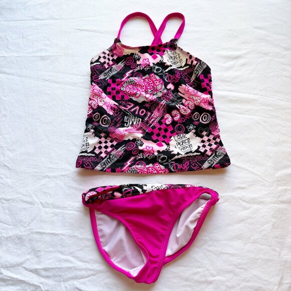 Girls Pink & Black OP Tankini Set With Love & Peace Graphics size S (6/6x) - Picture 1 of 8
